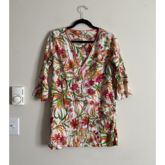 J. Crew Tops - J Crew Tissue Tunic Tropical Floral Vacation Cotton Pink Green Small 6 Beach
